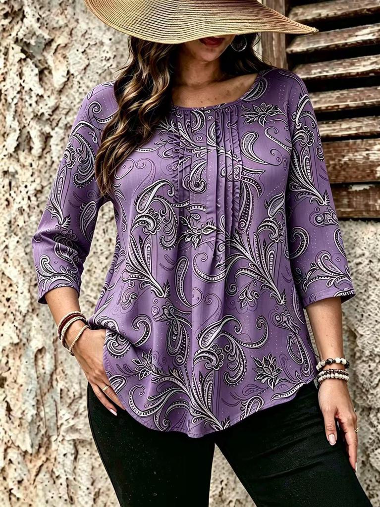 Bawełniany T-shirt z Długim Rękawem i Guzikami w Wzór Paisley dla Kobiet w Rozmiarach Plus