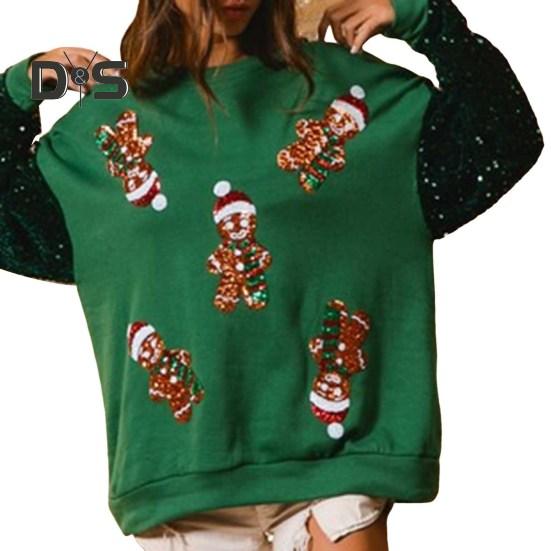 Women Christmas Sweatshirt Sequin Cartoon Pattern Round Neck Long Sleeve Loose Mid Length Pullover Party Holiday Top