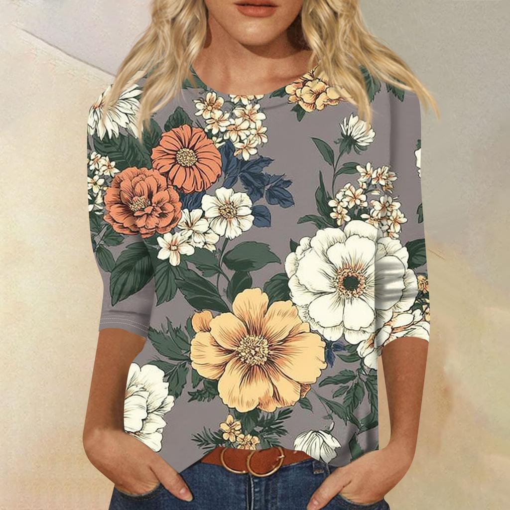Women's Fashion Casual Round Neck Three Quarter Sleeve Printed T-Shirt Top
