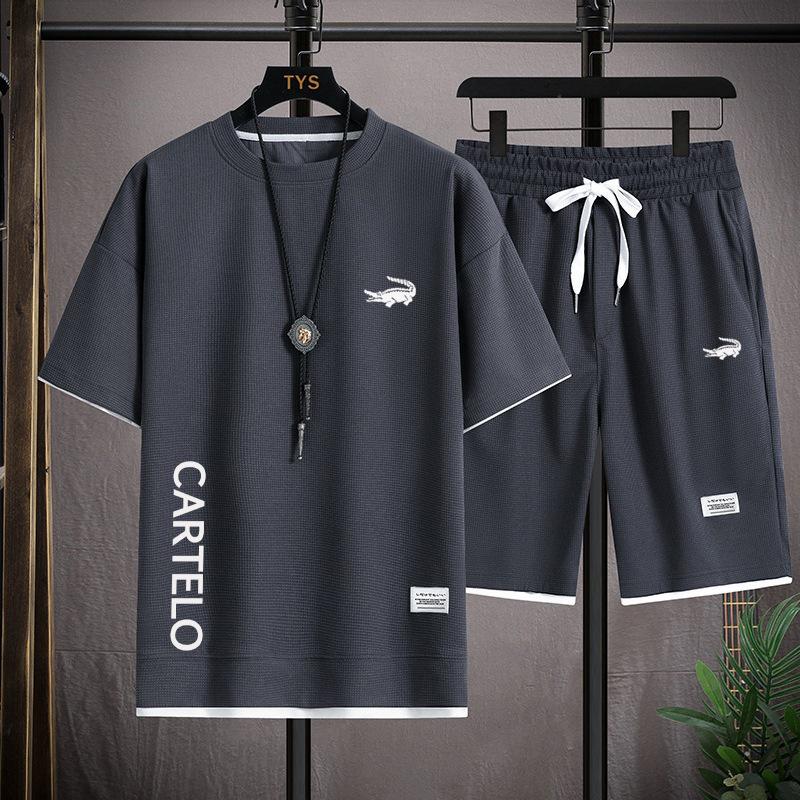 Summer new men s waffle T-shirt fake two-piece shorts two-piece fashion casual sports cover M