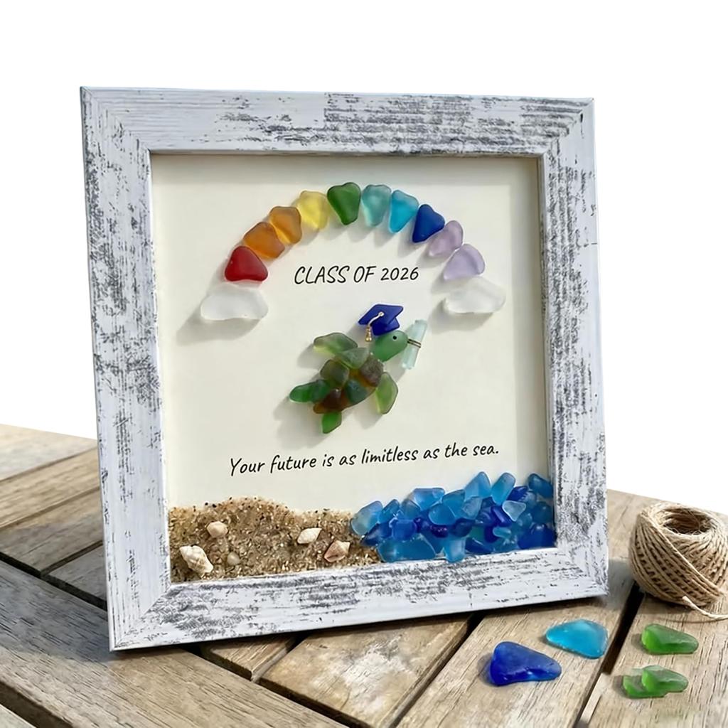 Sea Glass Graduation Frame Decor Class of 2026 Keepsake Gift Sea Glass Wall Art for Home Decoration Bookshelf Office