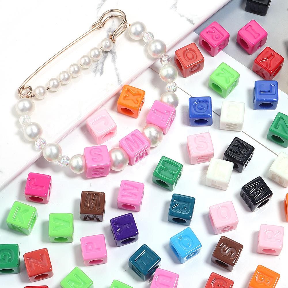 50pcs/lot 12mm Acrylic Square Alphabet Beads Solid Color Large Hole Loose Letter Beads For DIY Handcraft Bracelet Necklace