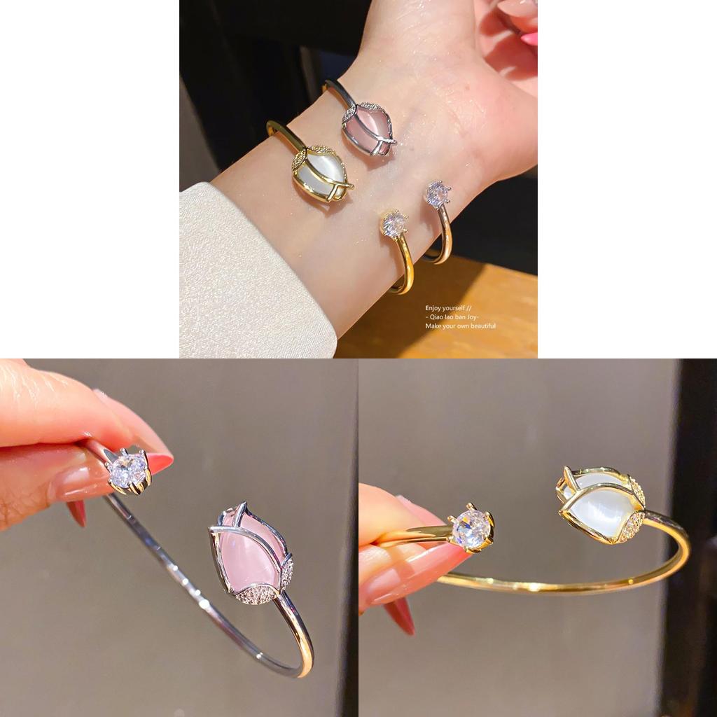 Zircon Cat Eye Flower Open Cuff Bracelet With Stones For Fashion Women