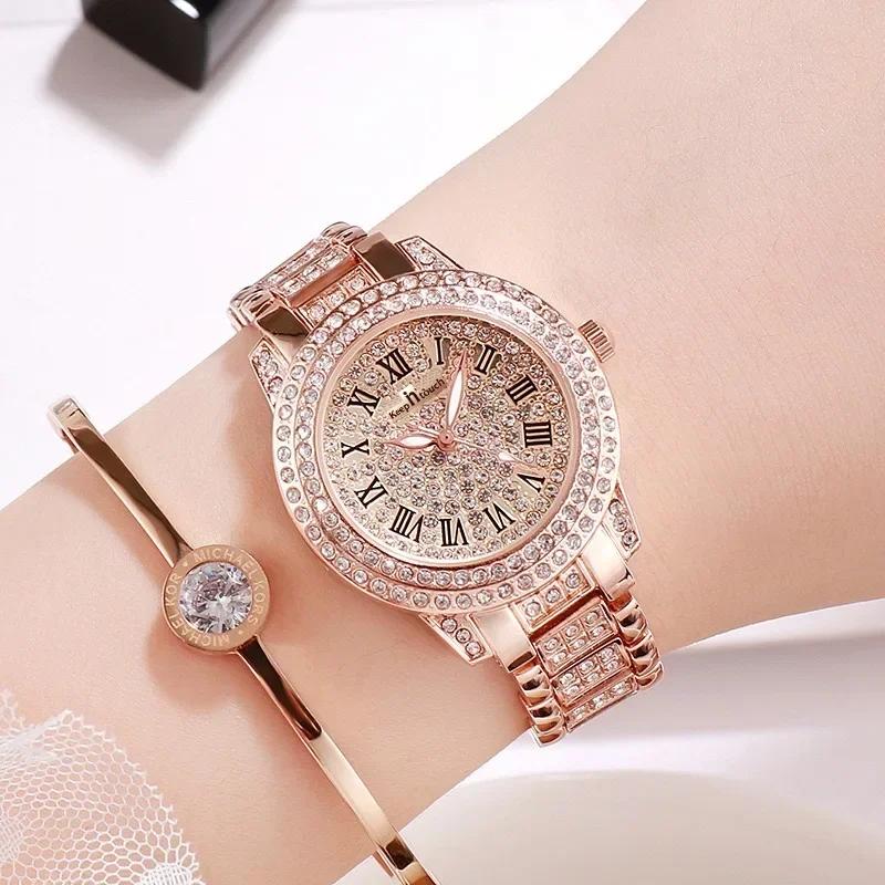 Women Watches Gold Tone Alloy Rhinestone Quartz Watch Stylish Bling Dress Watch Wristwatches for Valentine's Day