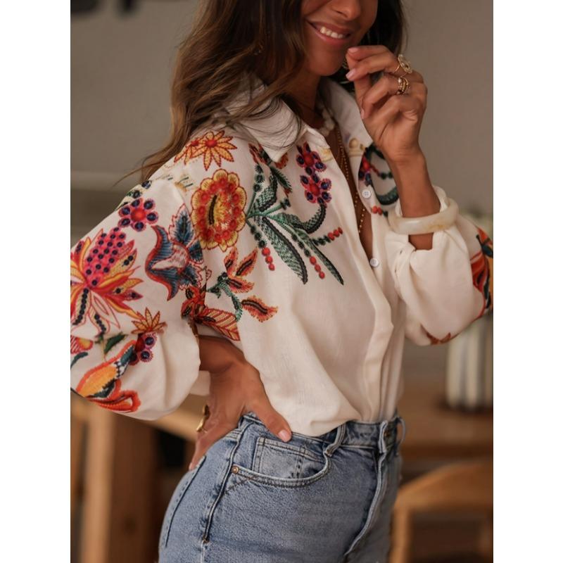 New Loose Long Sleeved Printing Floral Shirts Spring and Summer Casual Blouse Lapel Simple Top Long Sleeve Simple Sweet Office Clothing