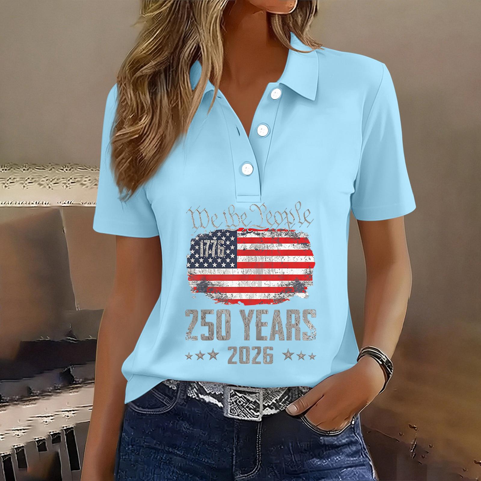 

Women s Casual Short Sleeve Button Up Shirt 250th Anniversary Graphic Print Polo Top for Independence Day Celebration 2026 Commemorative Tee XXL