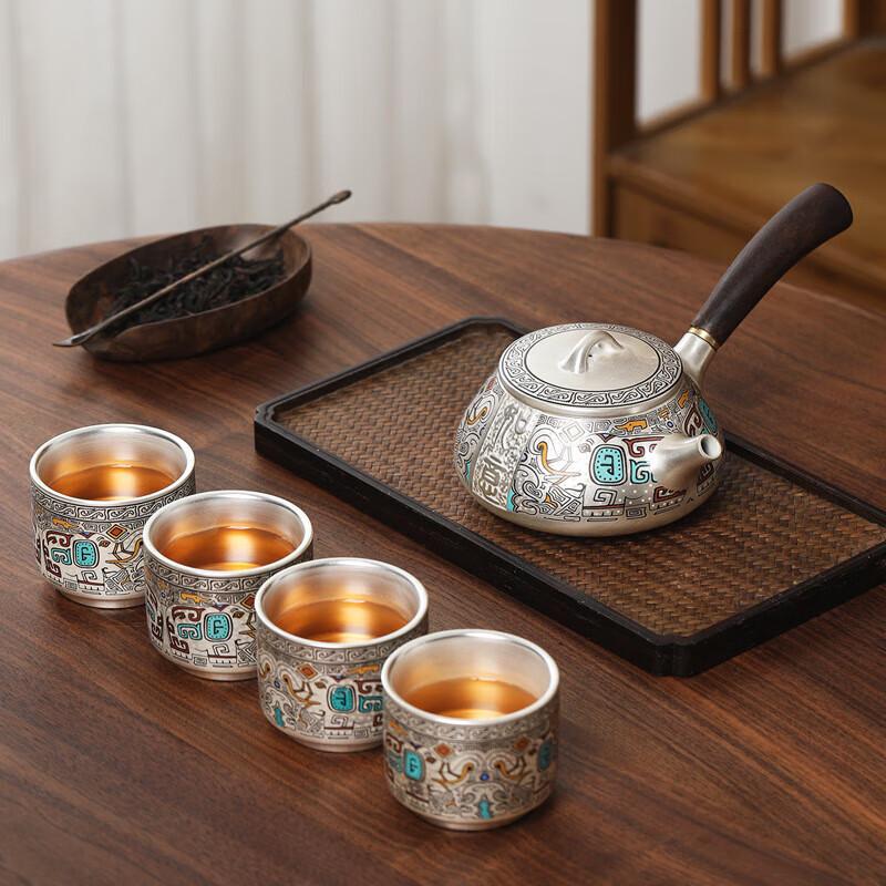 Yunyan 999 Sterling Silver Ceramic Kung Fu Tea Set (1 Pot, 4 Cups)