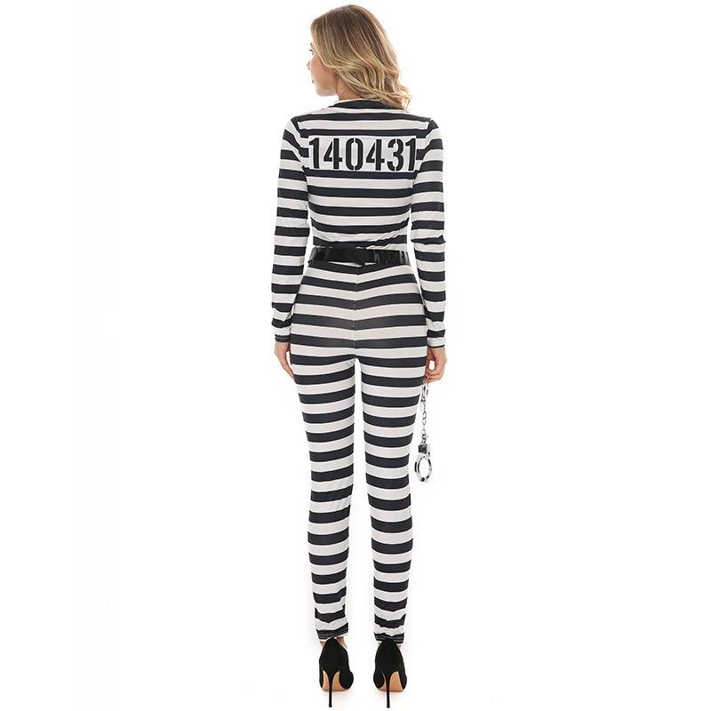 Halloween Adult Black and White Striped Prisoner Human Clothes Women Prison Clothes Shackles Stage Props Costumes