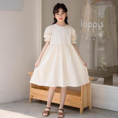 Tuta-vestito da bambina stile coreano con maniche a sbuffo - Manica corta tinta unita abbigliamento per bambini 2025