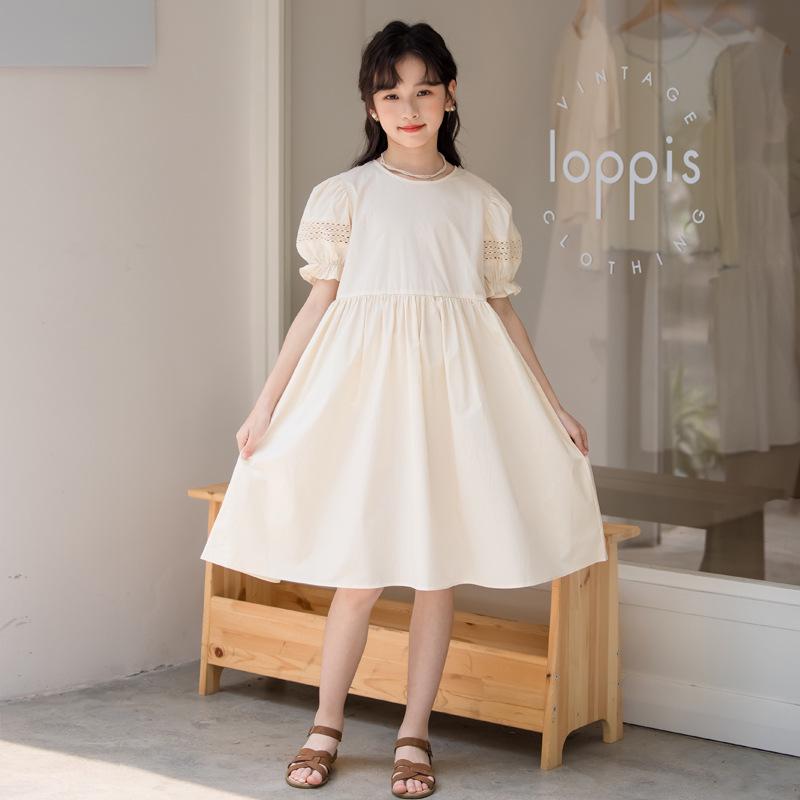 Mädchen Jumpsuit Kleid im koreanischen Stil mit Puffärmeln - Kurzarm einfarbig Kinderbekleidung 2025