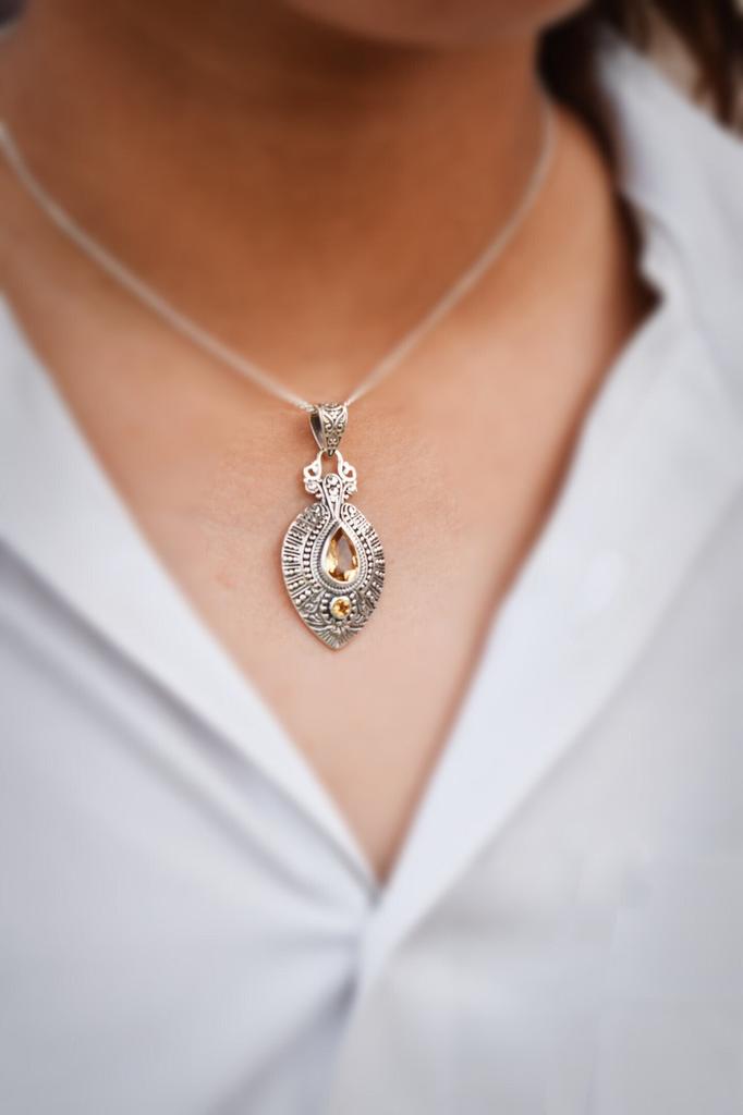 Oxidized Sterling Silver Citrine Pendant - Women's Gemstone Jewelry