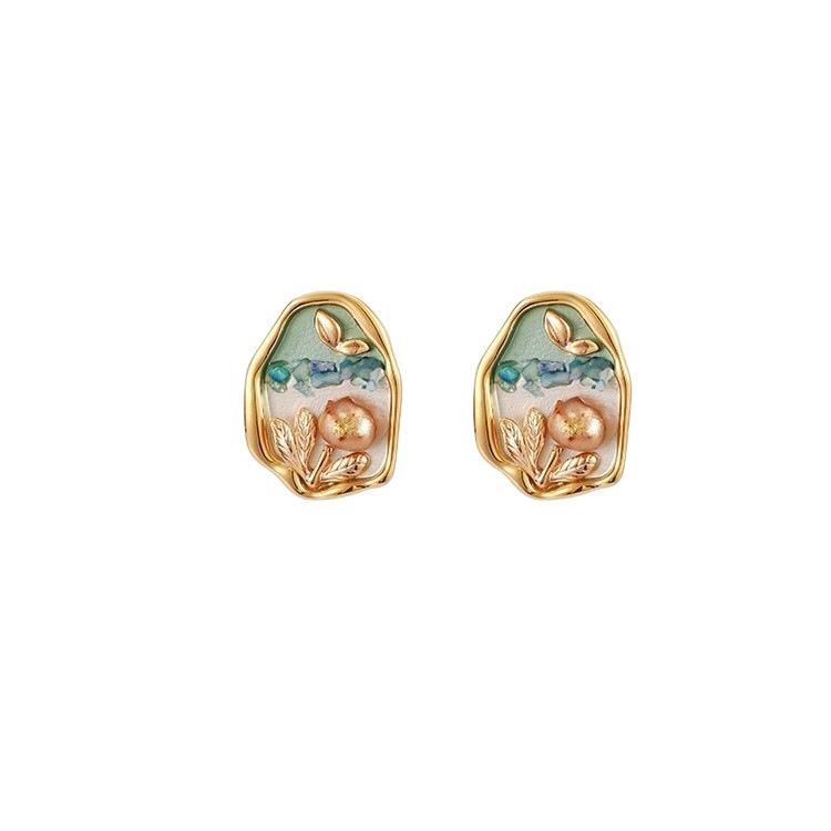 Summer Dripping Oil Lavender Green Freshwater Stud Earrings Leaf Earrings Hong Kong Style Retro Temperament Earrings