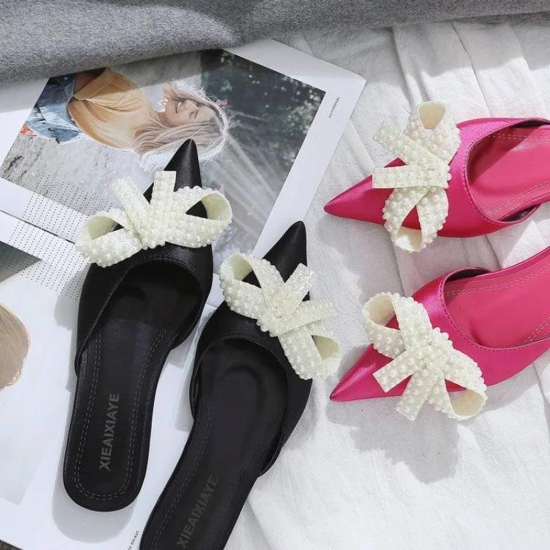 Fashion Women's Slippers and Ladies Sandals Pearl Flat Waterproof Casual Slides 2025 Trend Designer Luxury Small Size Stylish 39 Shoes