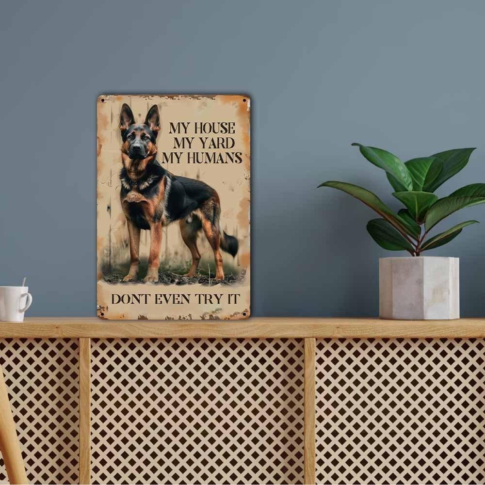 Rustic German Shepherd Guard Sign - 8x12in Aluminum, Yard Home Man Cave Decor, Pet Lover Gift