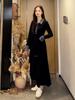 Black splicing Polo neck knitted dress women's autumn and winter long-sleeved waist skirt retro temperament a-word long dress