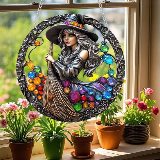 Halloween Witch Black Cat Hanging Sign 2D Flat Acrylic Broom Witch Round Sign Indoor Outdoor Porch Door Hanger Wall Hanging Decoration