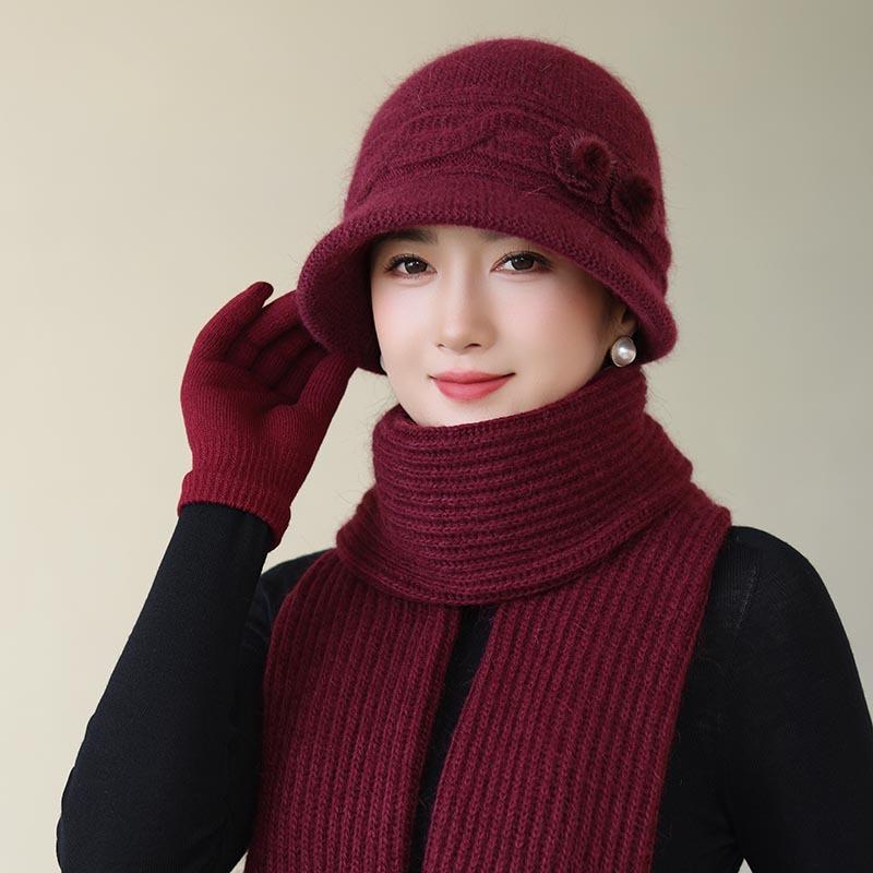 

Middle aged Mother Hat Women Winter Rabbit Fur Warm Wool Basin Hat Middle Aged and Elderly Grandma Elderly Autumn and Winter Cotton Hat Scarf one size