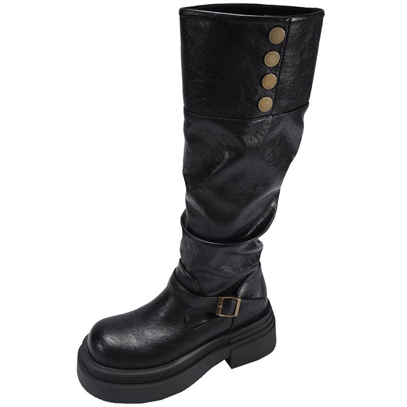 Herbst Winter Damen Ritter Kniehohe Stiefel Schlichte Schlupfschuhe Dicksohlige Schuhe Damen Vintage Western Cowboy Botas