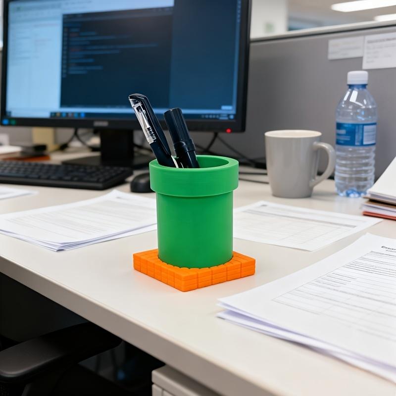 1 Brick- and Pipe-Shaped Pen Holder with a Drawer | Made of plastic, suitable for desks, offices, and dorm rooms