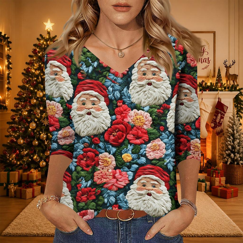 Women's Christmas Print V-Neck Three-Quarter Sleeve Casual Loose Fit Shirt