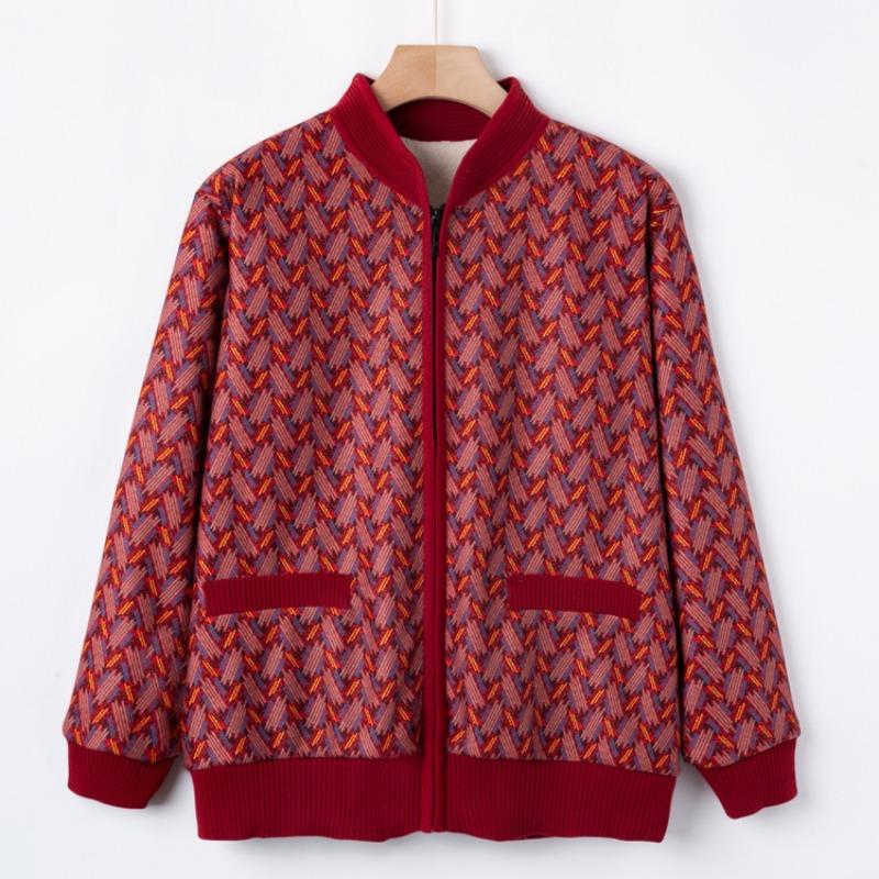 

Grandma autumn plush cardigan sweater new knitted sweater year old 0 mother outfit medium and old casual coat 3XL (recommended 125-70kg) красный