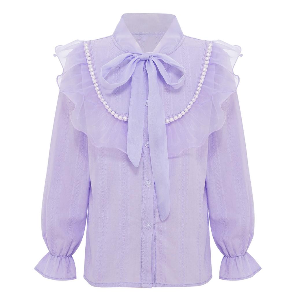 Mädchen Elegante Knopfbluse Schnürkragen Künstliche Perlen Tüllrüschen Langarmhemd