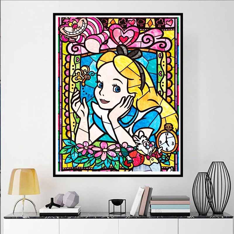 Disney Diamond Painting Alice in Wonderland Stained Glass Artwork Cute DIY Rhinestone Mosaic Cross Stitch Kit Embroidery Gift Home Decor