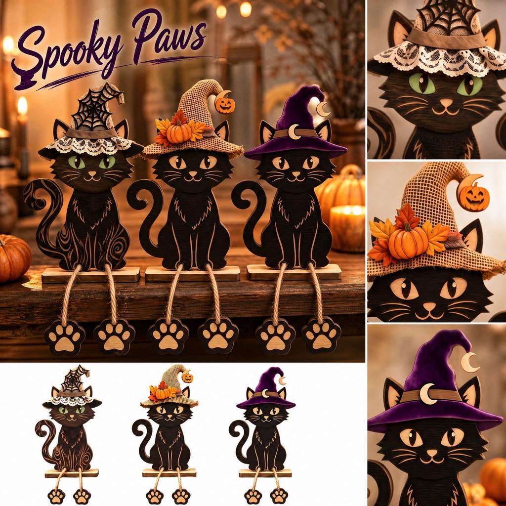Halloween Wooden Figurine Set of 3, Witch Hat with Dangling Legs Tabletop Decor for Pumpkin Shelf Display