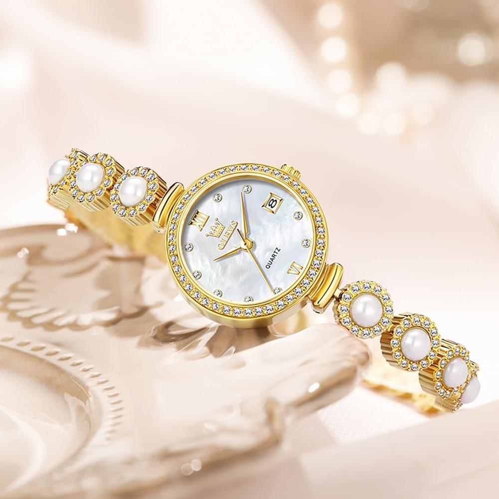 OLEVS Women's Small Waterproof Quartz Watch 3 ATM Gold Metal Band Pearl Bracelet White Mother-of-Pearl Dial