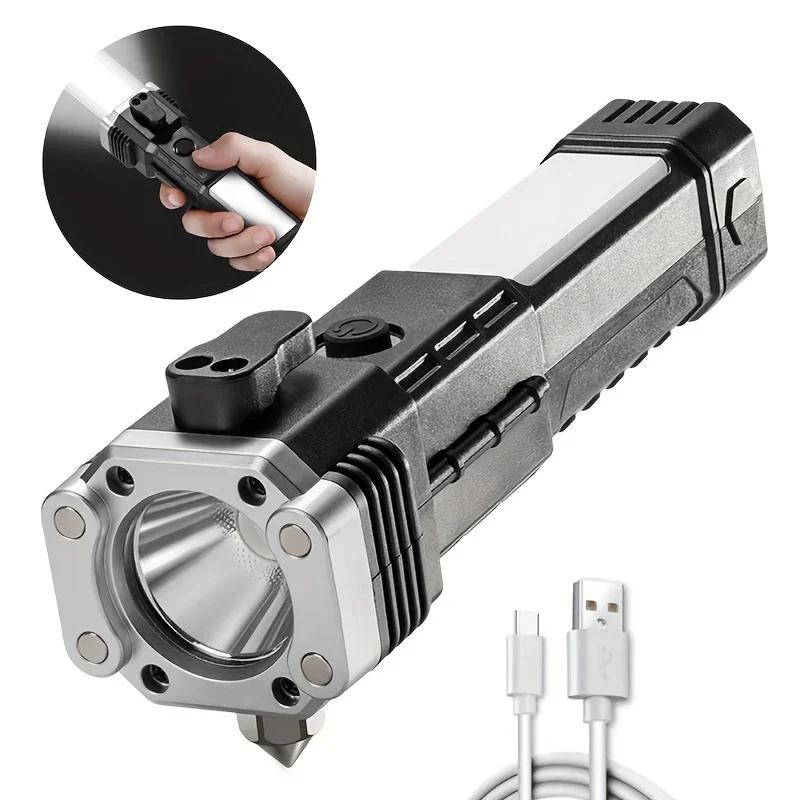 Super Bright Rechargeable LED Flashlight – Multi-Function Car Torch with Safety Hammer & Window Breaker (Auto Emergency Light)