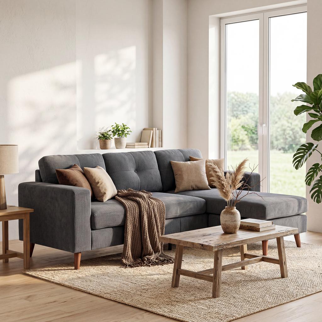 Corner Sofa 192 Cm L-Shaped 3-Seater Sofa with Reversible Chaise Longue, Corduroy Look, for Small Rooms, Dark Grey