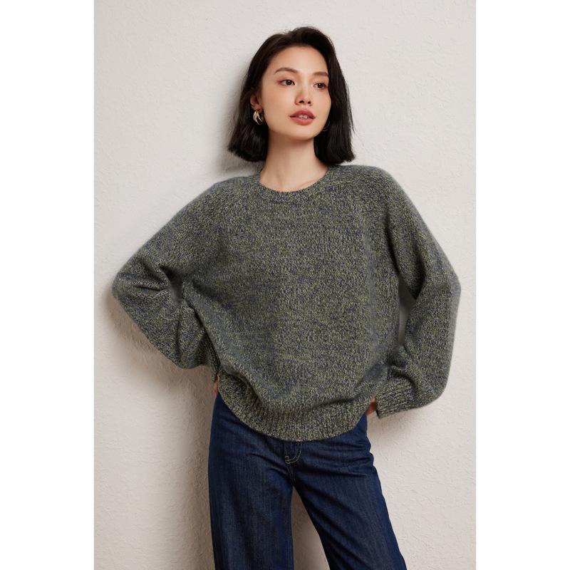 Women's Heavyweight Cashmere Sweater - Round Neck Marled Yarn Knit, Loose Long Sleeve