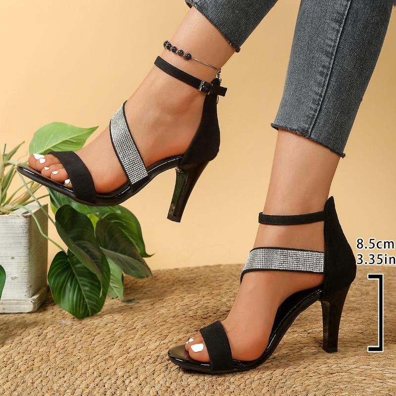 

Zipper Stiletto Sandals Summer New Round Toe Open Toe Rhinestone Non-Slip Pumps 43 чорний