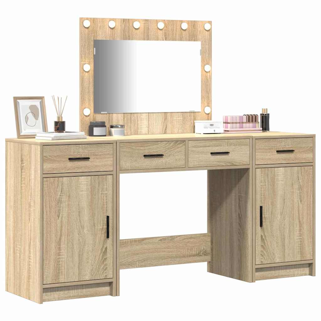 Makeup Table with Mirror Lighting 3 pcs Brown Particleboard
