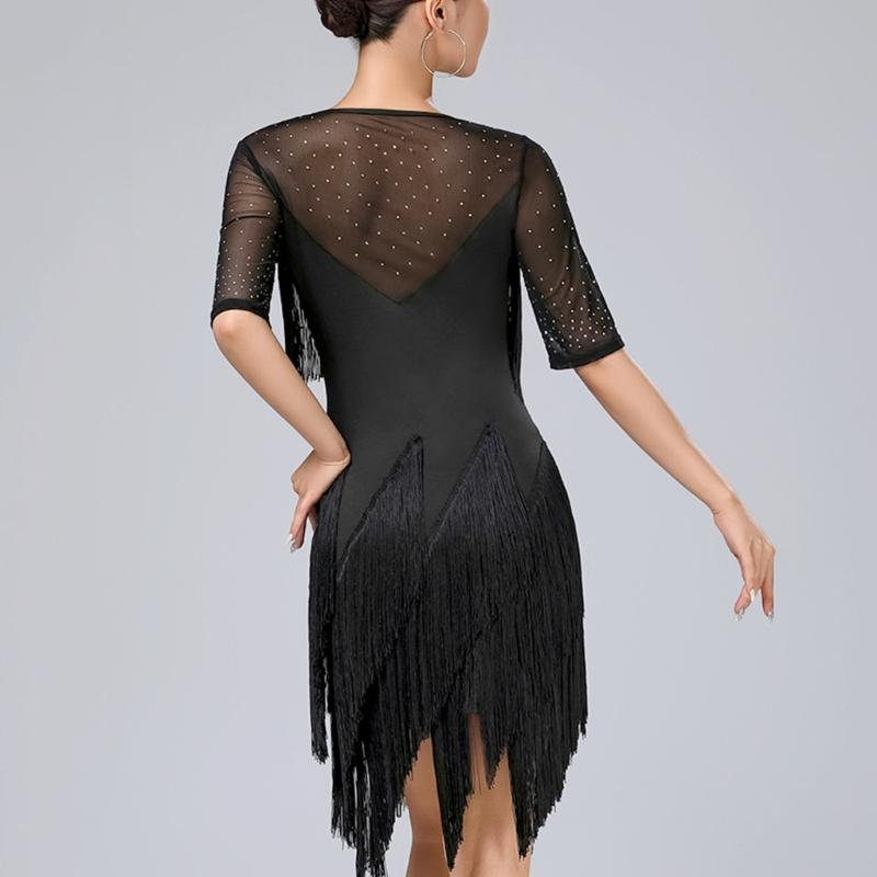 Stage Ready Latin Dance Costume Lightweight Breathable Fabric Sparkling Sequins Flattering Fringe Design
