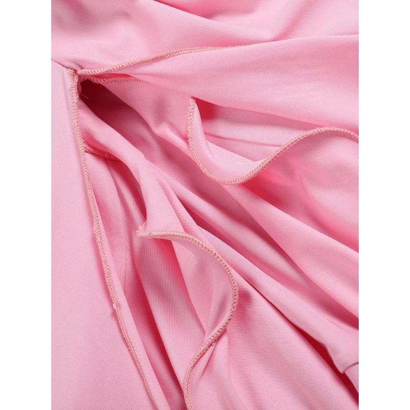 Sexy V Neck Ruffle Draped Maxi Dress Women Pink Sleeveless Flower Design Irregular Ruffles Slim Long Dress Elegant Event Prom