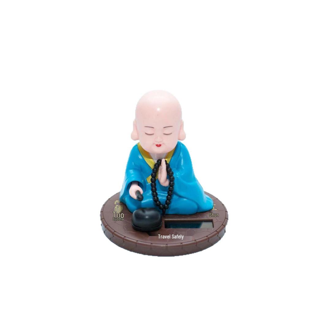 Solar-Powered Shaking Head Monk Car Ornament with Tapping Wooden Fish