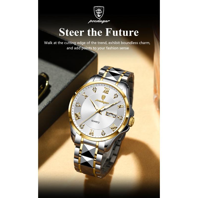 POEDAGAR Fashion Military Men Clock Waterproof Luminous Date Week Man Wristwatch Stainless Steel Quartz Watches Male Reloj