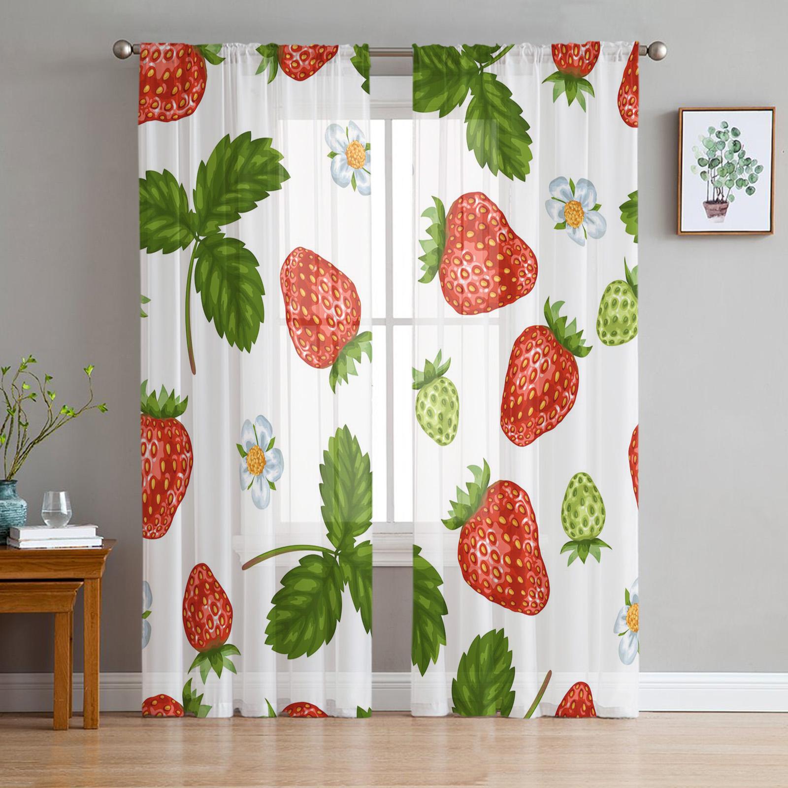 

Летние прозрачные шторы с фруктами и клубничными листьями для спальни, гостиной, вуали, оконные шторы, тюлевые шторы для детской комнаты 135W x 114H(cm)