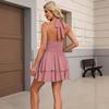 2026 European-American Women's Dress: Waist Shirring Halter Neck Off-the-Shoulder V-Neck Slimming Jacquard Skirt