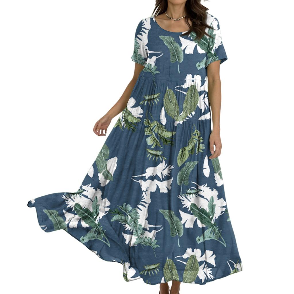 Frauen Casual Lose Bohemian Blumenkleid Kurzarm Lange Maxi Sommer Strand Swing Kleid