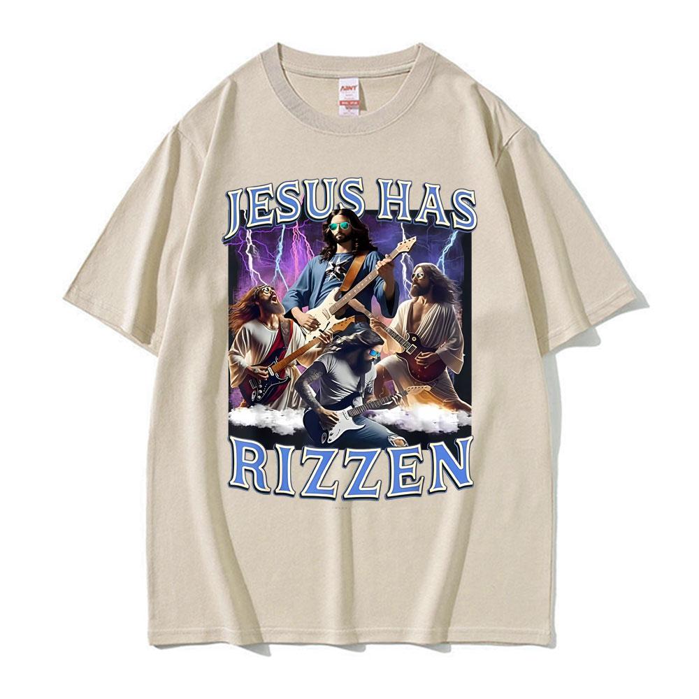 Funny Jesus Has Rizzen Rock Star Tee Shirt Mens Clothing Fashion Gothic Cool T Shirt Unisex High Quality Cotton Summer Tshirts