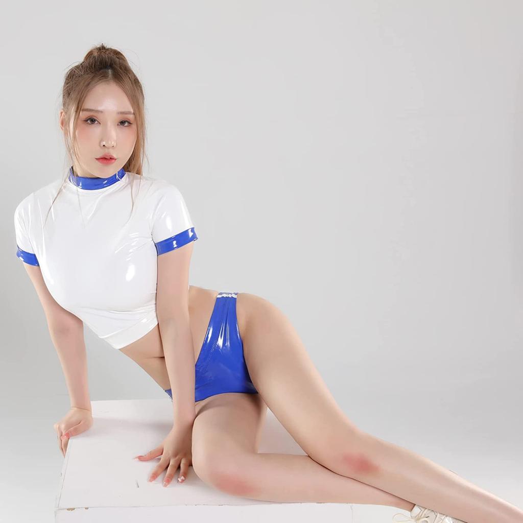 LOST-G Women's Tight Gymnastics Uniform, High School/Junior High School Girl, Cute Cosplay Costume, Top and Bloomers, 2-Piece Set (BLUE & WHITE)