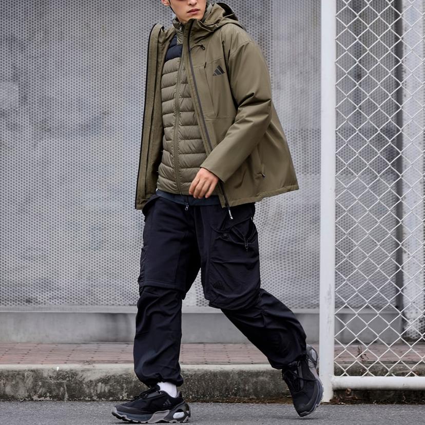 Adidas Logo Pattern Windproof Waterproof Hooded Down Jacket Unisex Jacket Olive-Green JM9136