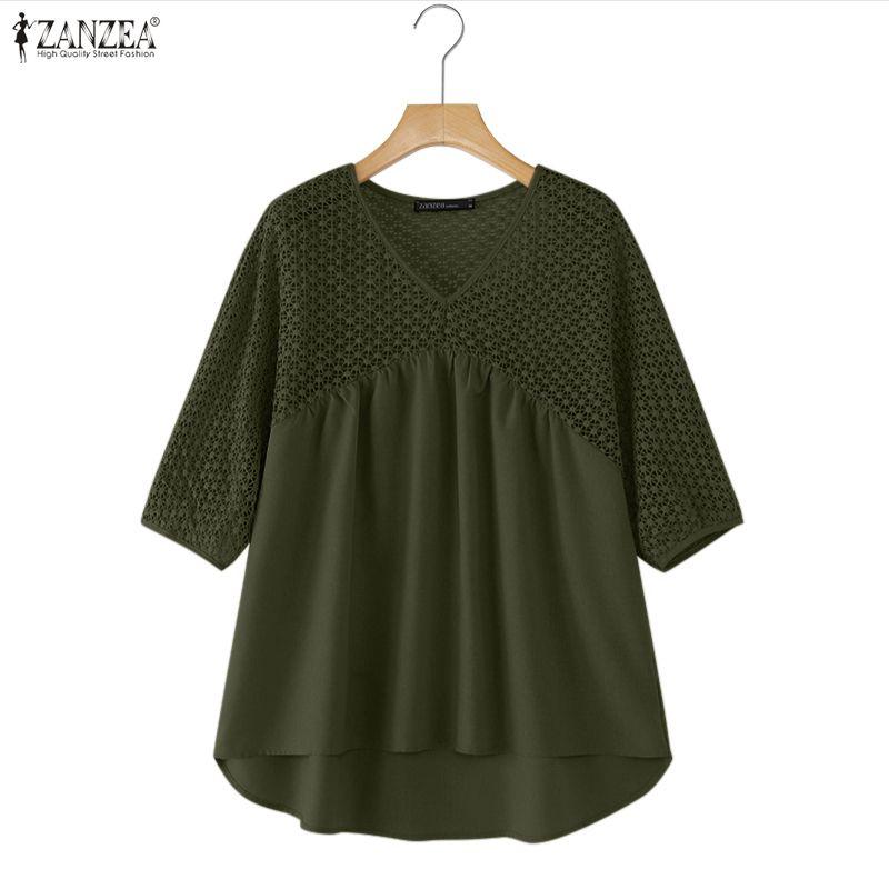 ZANZEA Women Hollow Lace Patchwork V-Neck 3/4 Sleeve Loose Casual Blouse