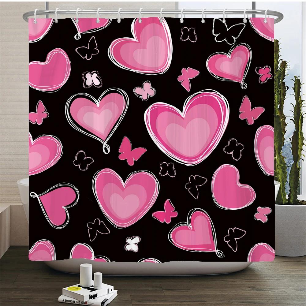 Love Heart Shower Curtain Romantic Red Pink Sexy Lips Waterproof Print Heart Pattern Bathroom Bathtud Decor Fabric With Hooks