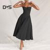 Damklänning Lågskuren spaghettirem Rygglös Ärmlös A-linje Big Swing Ren färg Smal midja Plisserad Cocktailparty Bal midiklänning