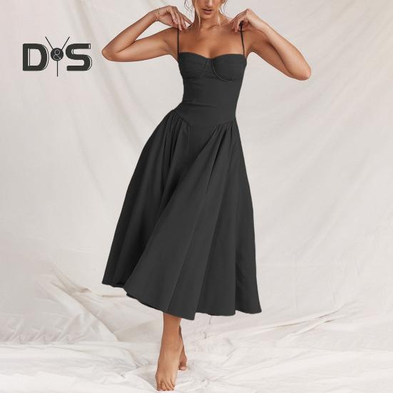 Damklänning Lågskuren spaghettirem Rygglös Ärmlös A-linje Big Swing Ren färg Smal midja Plisserad Cocktailparty Bal midiklänning