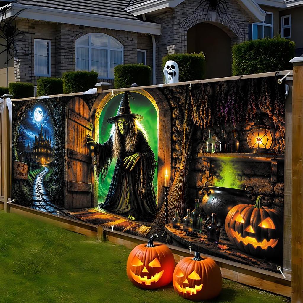 7 x 16 FT Large Halloween Garage Door Banner,Witch Cottage Halloween Decorati...
