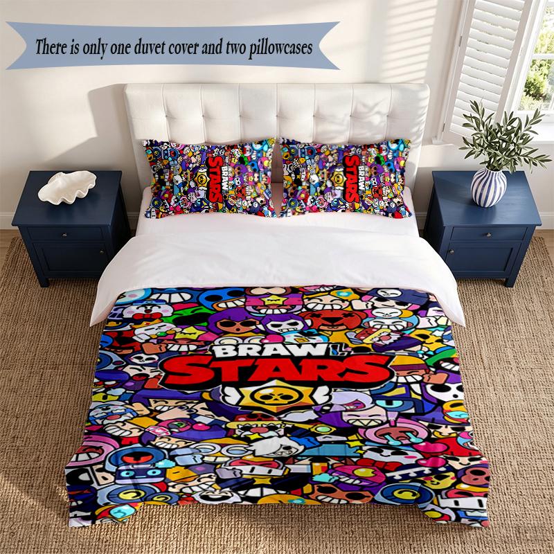 Brawl Stars 3‑Piece Bedding Set Soft Microfiber Duvet Cover Pillowcases Comfortable Bed Linen for Bedroom Decoration